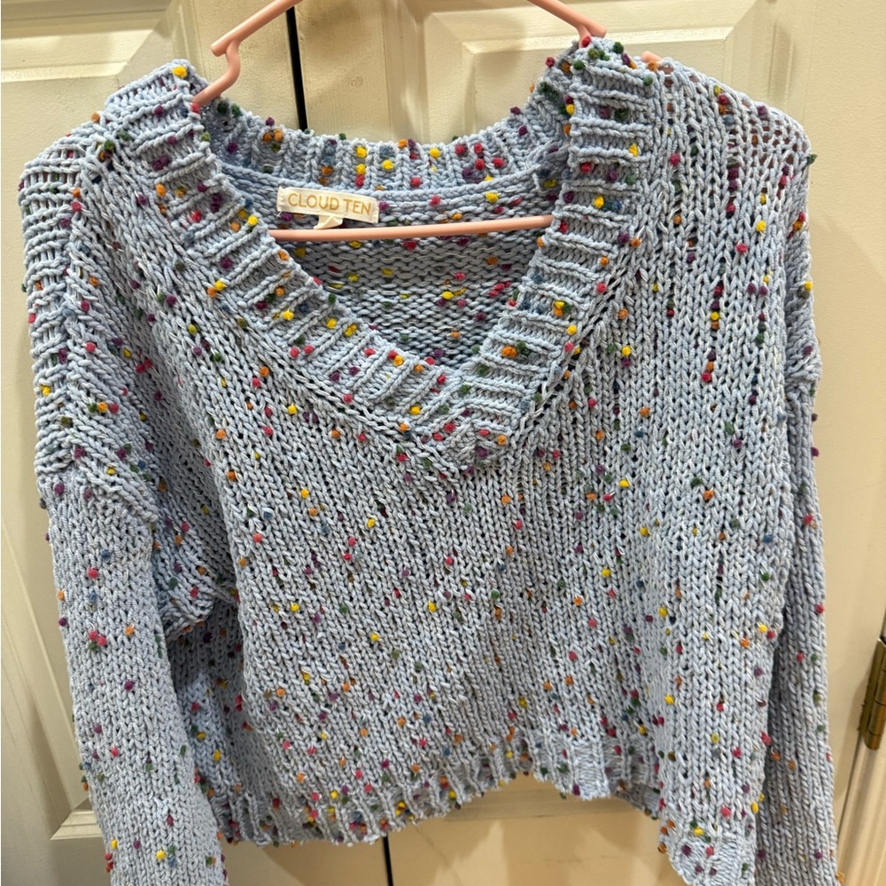 Blue V-Neck Cropped Sweater with Open Knit